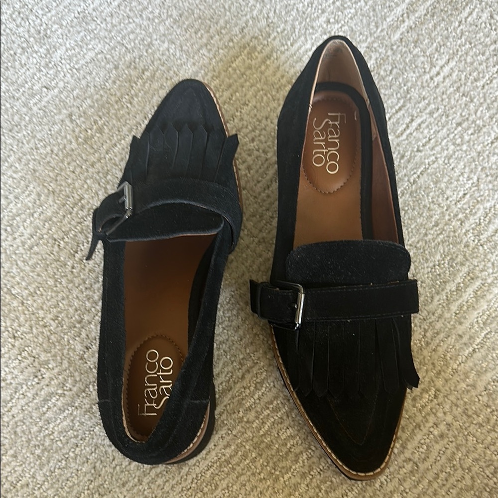 Franco Sarto Black Suede Loafers with Tassel Details
